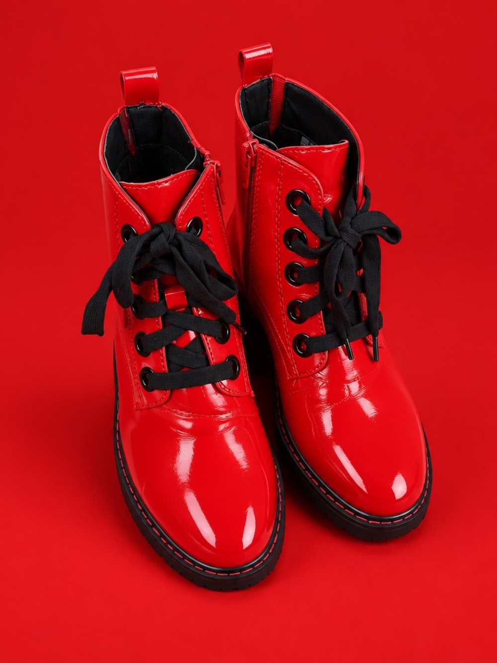 Women's Red Patent Lace-Up Ankle Boots with Black Laces